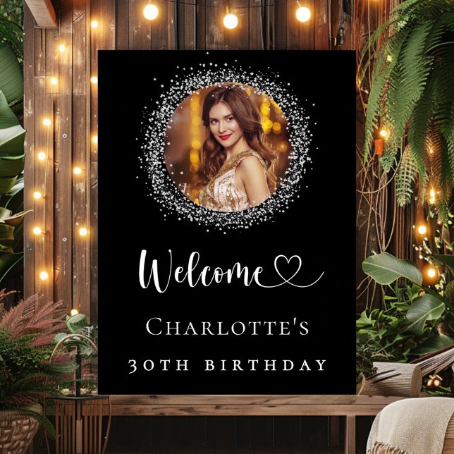 Birthday black silver glitter photo welcome poster (Creator Uploaded)