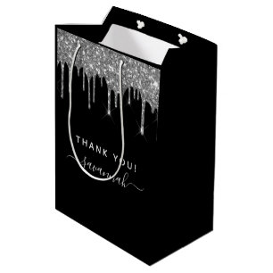 Birthday black silver glitter thank you favour medium gift bag