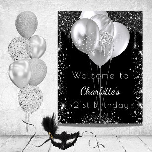 Birthday black silver glitter welcome balloons poster