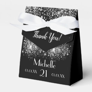 Birthday black silver glitter white monogram favor box