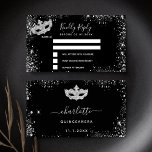 Birthday black silver masquerade RSVP Enclosure Card<br><div class="desc">A black background,  decorated with sparkling faux silver glitter sparkles and a masquerade mask. 
On the front: Personalize and add the reply by date.
Back: add a name,  event and date of the event.</div>