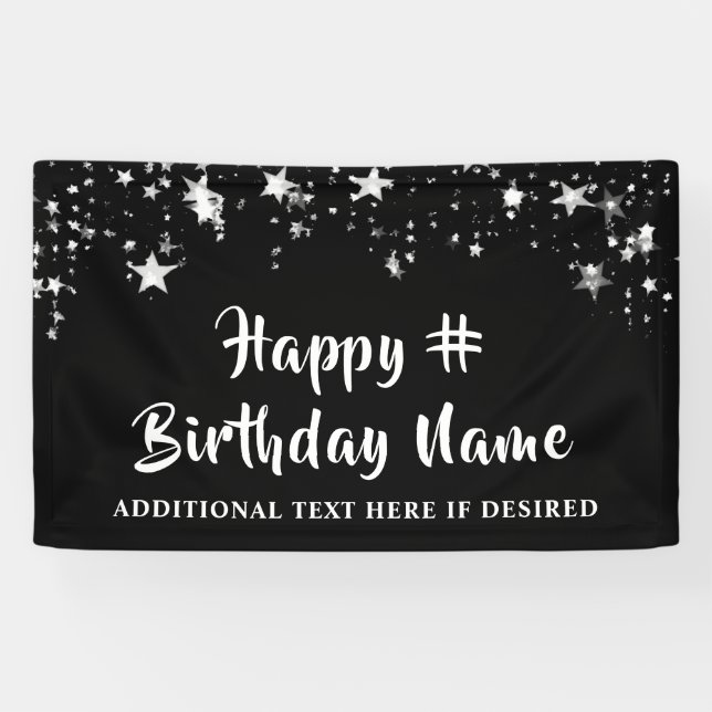 Birthday Black Silver Stars Custom Text and Colour Banner (Horizontal)