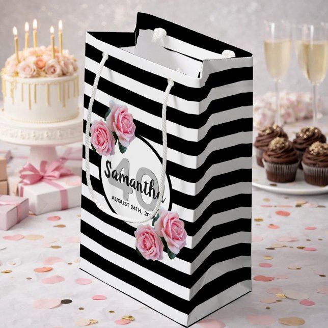 Birthday black stripes pink florals name classic  small gift bag (Creator Uploaded)