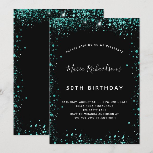 Birthday black teal green glitter dust invitation (Front/Back)