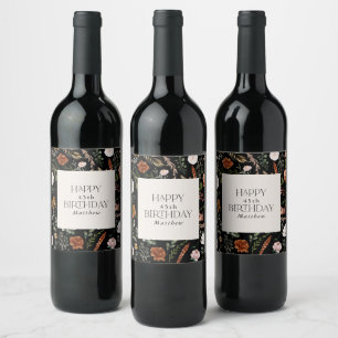 Birthday black terracotta floral modern botanical wine label
