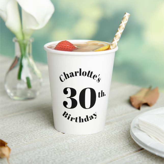 Birthday black white custom name number modern  paper cups (Insitu)