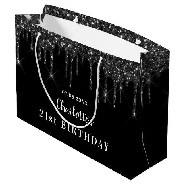 Birthday black white glitter drips name large gift bag (Back Angled)