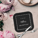 Birthday black white minimalist men guy paper plate<br><div class="desc">A black background decorated with a white frame.  Personalize and add a date,  name,  age.</div>