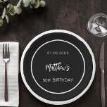 Birthday black white minimalist men guy paper plate<br><div class="desc">A black background decorated with a white frame.  Personalize and add a date,  name,  age.</div>