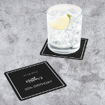 Birthday black white minimalist men guy square paper coaster<br><div class="desc">A black background decorated with a white frame.  Personalize and add a date,  name,  age.</div>