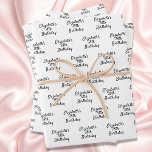 Birthday black white name script minimalist wrapping paper sheet<br><div class="desc">White background,  black text. Personalize and add a name and age.  A modern hand lettered style script.</div>