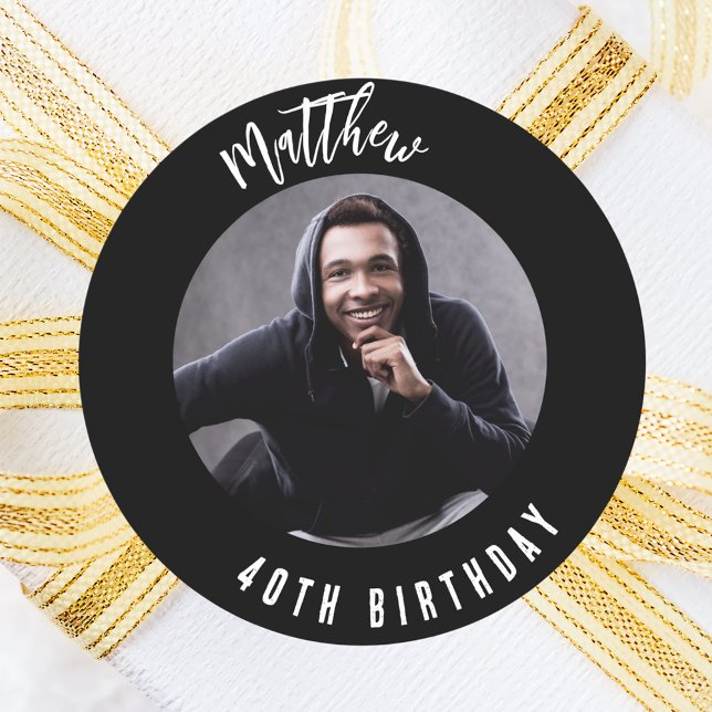 Birthday black white photo classic round sticker (Creator Uploaded)