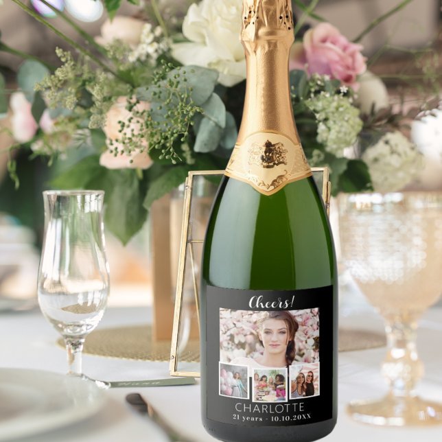 Birthday black white photo collage cheers sparkling wine label (Creator Uploaded)