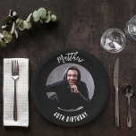 Birthday black white photo paper plate<br><div class="desc">A classic black background. Personalize and add his name,  age and photo. White text,  curved.</div>
