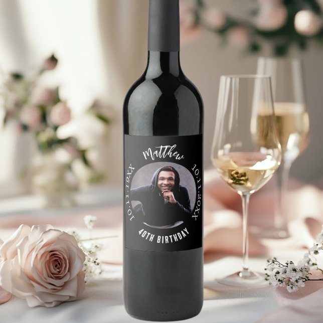 Birthday black white photo wine label (Creator Uploaded)
