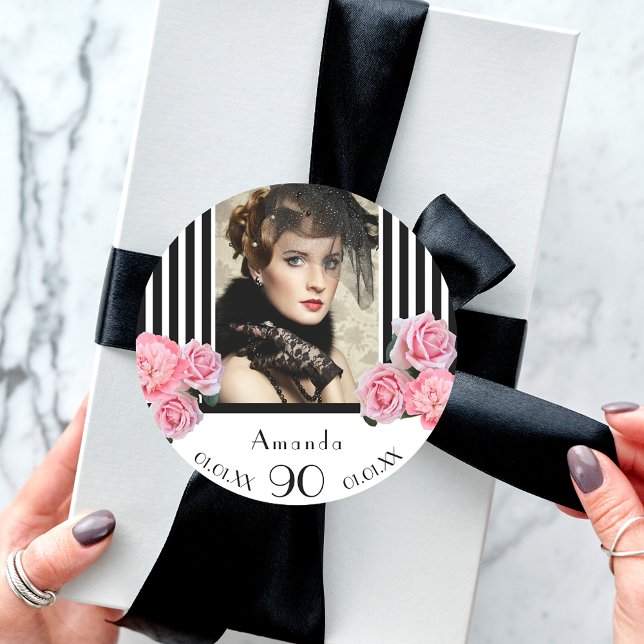 Birthday black white stripes florals photo classic round sticker (Creator Uploaded)