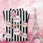 Birthday black white stripes pink florals name wrapping paper sheet<br><div class="desc">Classic slim black and white vertical stripes as background. With girly, feminine and romantic pink roses as decoration. Perfect for an elegant 21st (or any age) birthday gift for her. Personalize and add a name and age inside the circles. Age number 21 in pink, name in black. The name is...</div>