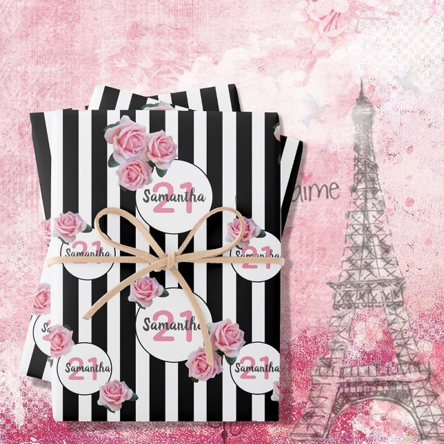 Birthday black white stripes pink florals paris wrapping paper sheet (Creator Uploaded)