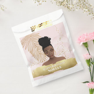 Birthday, Black Woman, Gold Tropical Leaf, Pink Favour Bag