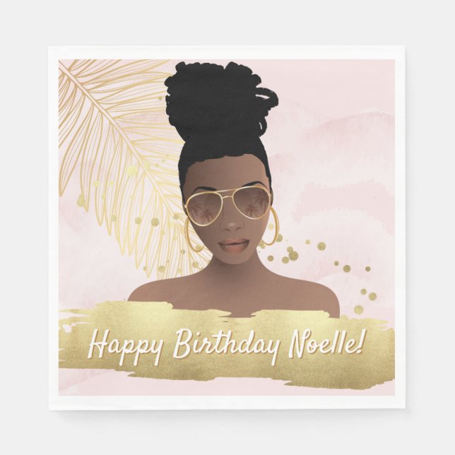 Birthday, Black Woman, Gold Tropical Leaf, Pink Napkin (Front)