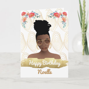 Birthday, Black Woman, Whimsical Flowers Gold  Card