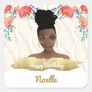Birthday, Black Woman, Whimsical Flowers Gold Square Sticker