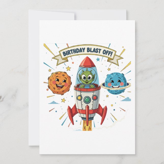 Birthday Blast Off! Cute Alien in Rocket Ship  Invitation (Front)