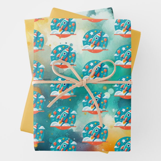 Birthday Blastoff: Rocket Ship Adventure Pattern Wrapping Paper Sheet (In situ)