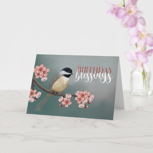 Birthday Blessings Chickadee with Spring Flowers Card (Orchid)