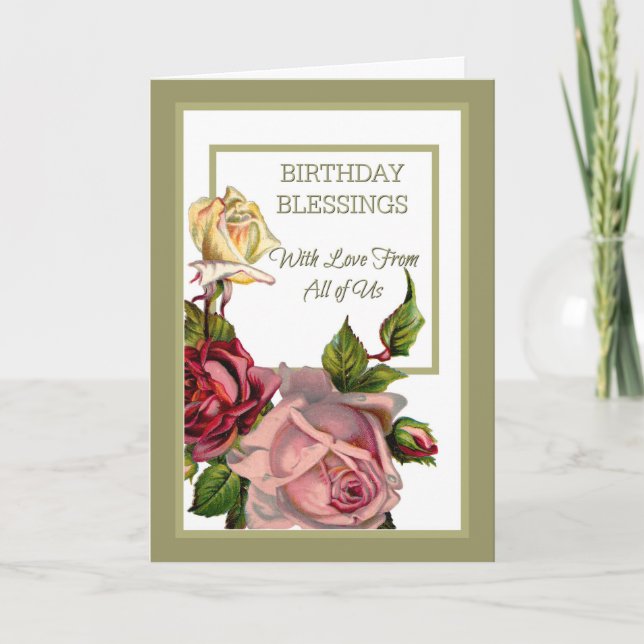 Birthday Blessings from All Pink White Red Roses Card (Front)