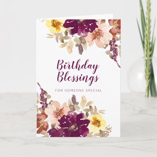 Birthday Blessings Plum Watercolor Floral Card (Front)