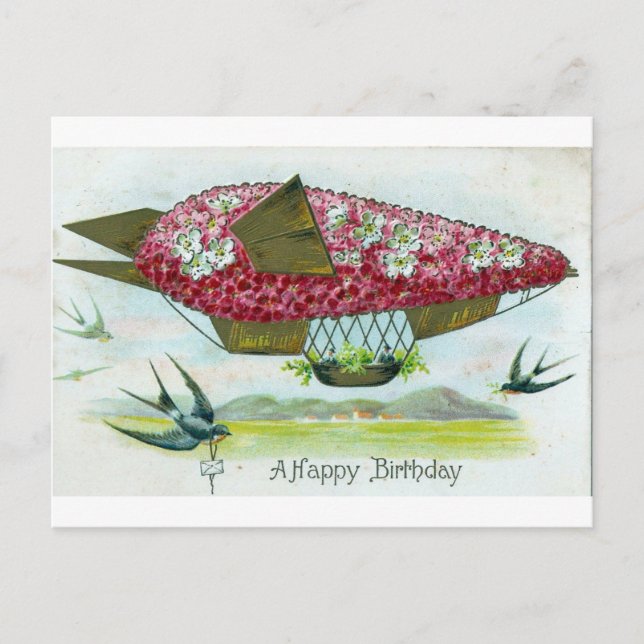 Birthday Blimp and Blue Birds Postcard (Front)