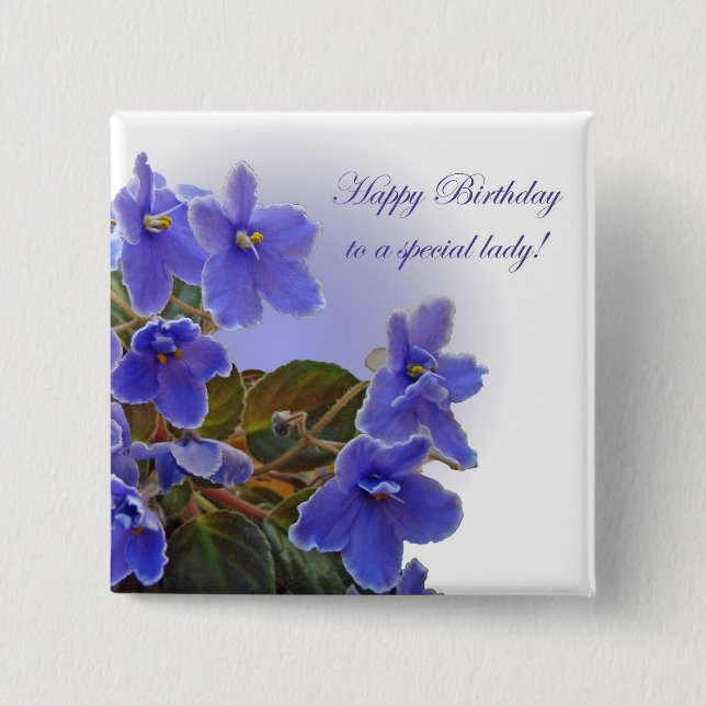 Birthday Blue African Violets 2 Inch Square Button (Front)