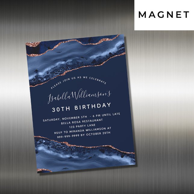 Birthday blue agate rose gold magnet invitation (Creator Uploaded)
