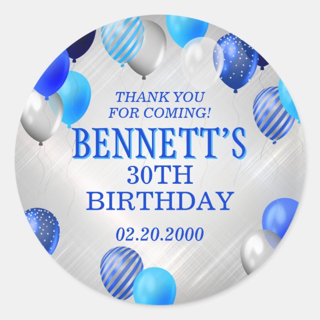 Birthday Blue Balloons Classic Round Sticker (Front)