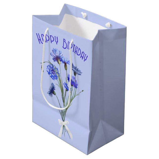 Birthday Blue Cornflower Bouquet Medium Gift Bag (Front Angled)
