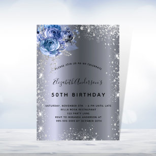 Birthday blue florals silver glitter dust invitation
