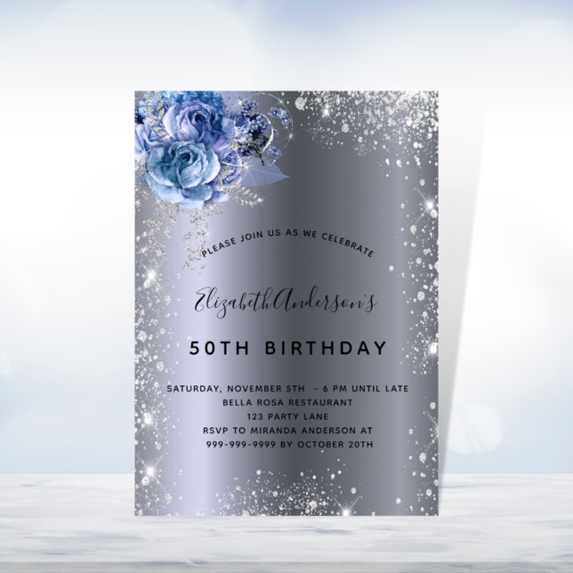 Birthday blue florals silver glitter dust invitation (Creator Uploaded)