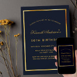Birthday blue gold classic simple invitation<br><div class="desc">A dark blue background,  a decorated with a faux gold frame.  Personalize and add a name and party details. The name is written with an elegant hand lettered style script. 
Back: blue background.</div>