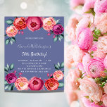 Birthday blue pink floral budget invitation<br><div class="desc">An elegant invitation for a 50th (or any age) birthday party. With blush pink,  purple and rose gold coloured watercolored flowers,  florals as decoration. A trendy blue background. The name is written with a hand lettered style script.</div>