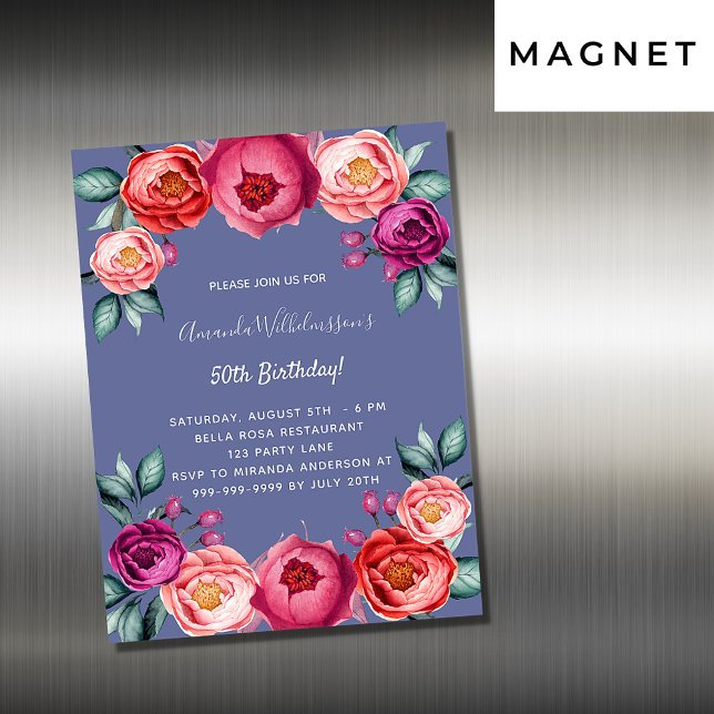 Birthday blue pink floral magnet invitation (Creator Uploaded)