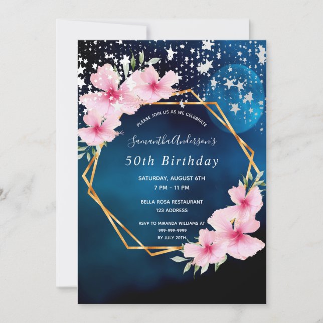 Birthday blue pink florals gold geometric stars invitation (Front)
