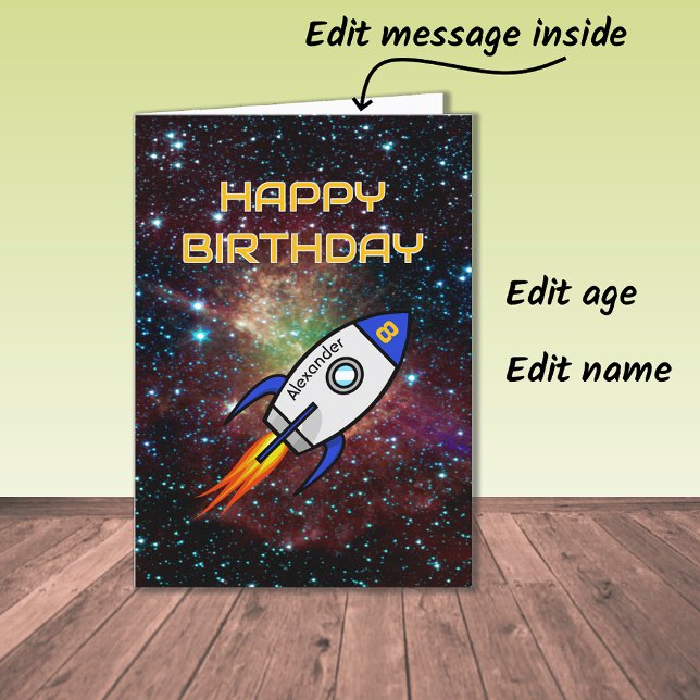 Birthday blue rocket custom name and age card (Creator Uploaded)