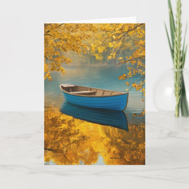 Birthday Blue Rowboat On Golden Lake Card (Front)