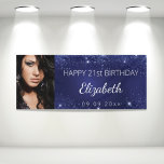 Birthday blue silver glitter dust custom photo banner<br><div class="desc">Celebrating a 21st (or any age) milestone birthday for a girl/woman. A dark blue background. The blue colour is uneven. Decorated with faux glitter dust. Personalize and add your own photo of the birthday girl. Use a vertical/portrait size photo. The text: The name in grey with a modern hand lettered...</div>
