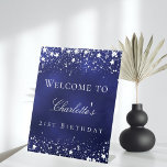 Birthday blue silver stars welcome party pedestal sign<br><div class="desc">A welcome sign for a glamourous 21st (or any age) birthday party.  A navy blue background with elegant faux silver stars. The blue colour is uneven.  Personalize and add a name and age 21.  White letters.</div>