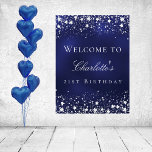 Birthday blue silver stars welcome party poster<br><div class="desc">A welcome poster for a glamourous 21st (or any age) birthday party.  A navy blue background with elegant faux silver stars. The blue colour is uneven.  Personalize and add a name and age 21.  White letters.</div>