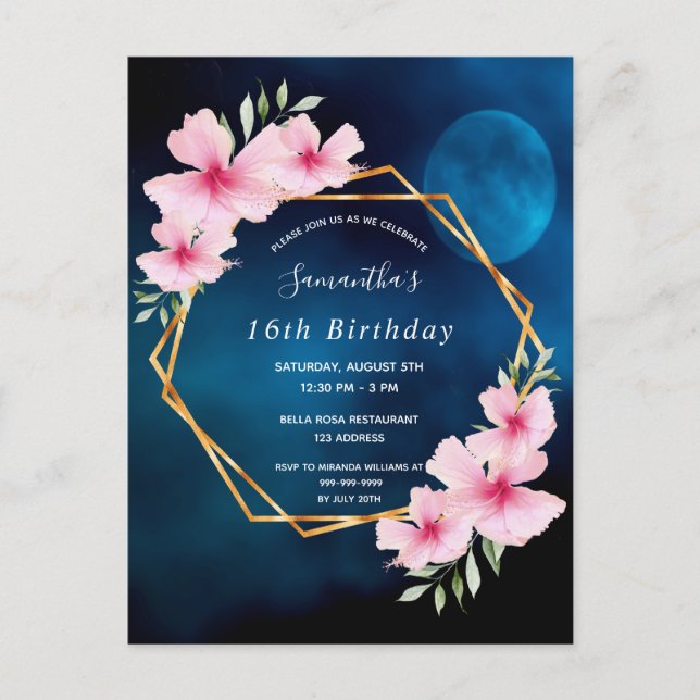 Birthday blue sky moon pink florals postcard (Front)