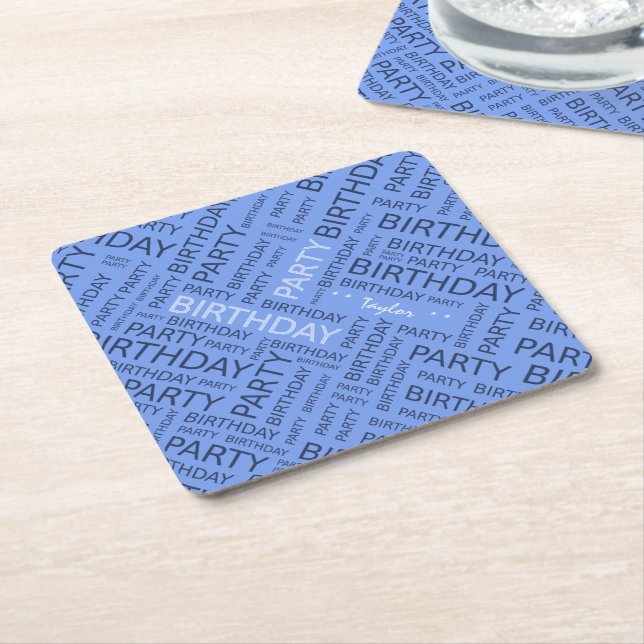 Birthday blue typography add name square paper coaster (Angled)