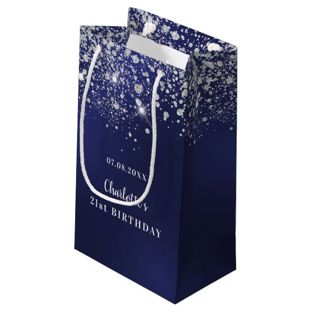 Birthday blue white glitter dust monogram small gift bag (Back Angled)